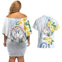 Northern Mariana Islands Chamorro Couples Matching Off Shoulder Short Dress and Hawaiian Shirt Plumeria Curves Style White Version
