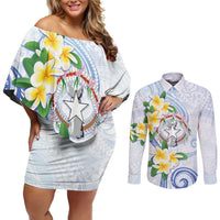Northern Mariana Islands Chamorro Couples Matching Off Shoulder Short Dress and Long Sleeve Button Shirt Plumeria Curves Style White Version