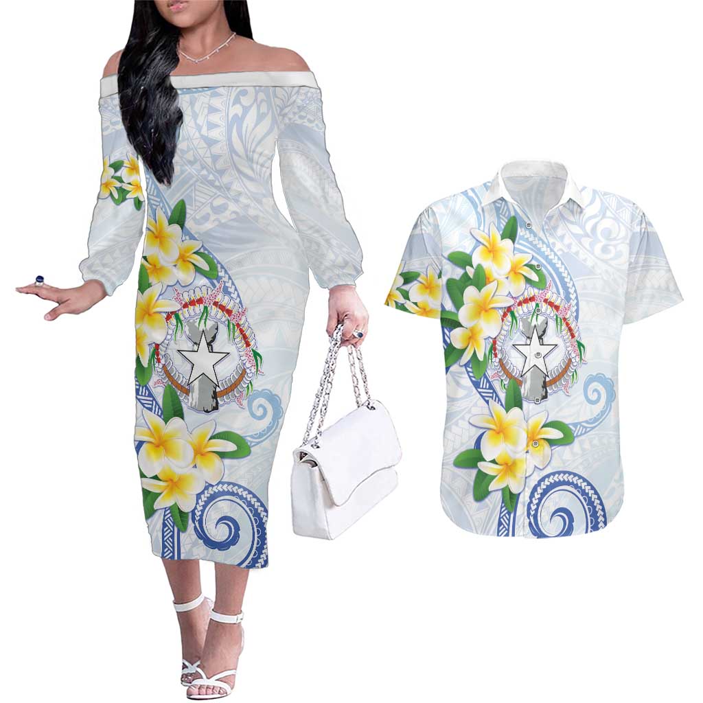 Northern Mariana Islands Chamorro Couples Matching Off The Shoulder Long Sleeve Dress and Hawaiian Shirt Plumeria Curves Style White Version LT05 White - Polynesian Pride