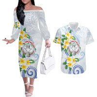 Northern Mariana Islands Chamorro Couples Matching Off The Shoulder Long Sleeve Dress and Hawaiian Shirt Plumeria Curves Style White Version LT05 White - Polynesian Pride