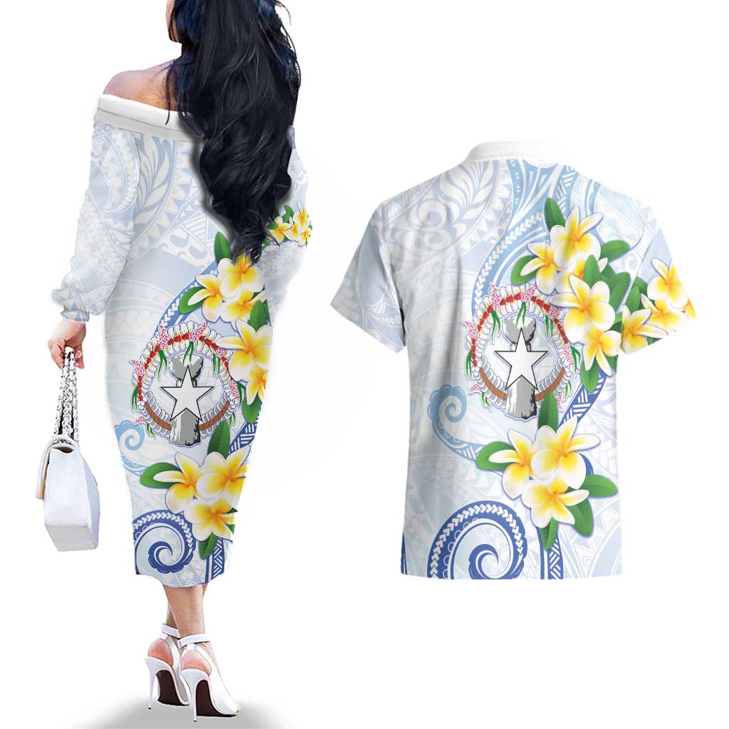 Northern Mariana Islands Chamorro Couples Matching Off The Shoulder Long Sleeve Dress and Hawaiian Shirt Plumeria Curves Style White Version LT05 - Polynesian Pride