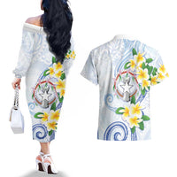 Northern Mariana Islands Chamorro Couples Matching Off The Shoulder Long Sleeve Dress and Hawaiian Shirt Plumeria Curves Style White Version LT05 - Polynesian Pride