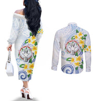 Northern Mariana Islands Chamorro Couples Matching Off The Shoulder Long Sleeve Dress and Long Sleeve Button Shirt Plumeria Curves Style White Version