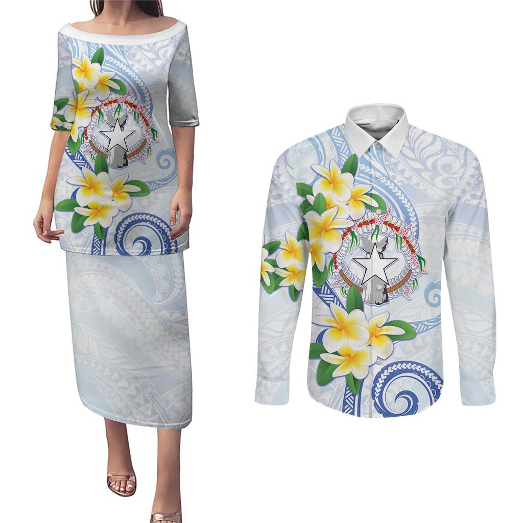 Northern Mariana Islands Chamorro Couples Matching Puletasi and Long Sleeve Button Shirt Plumeria Curves Style White Version