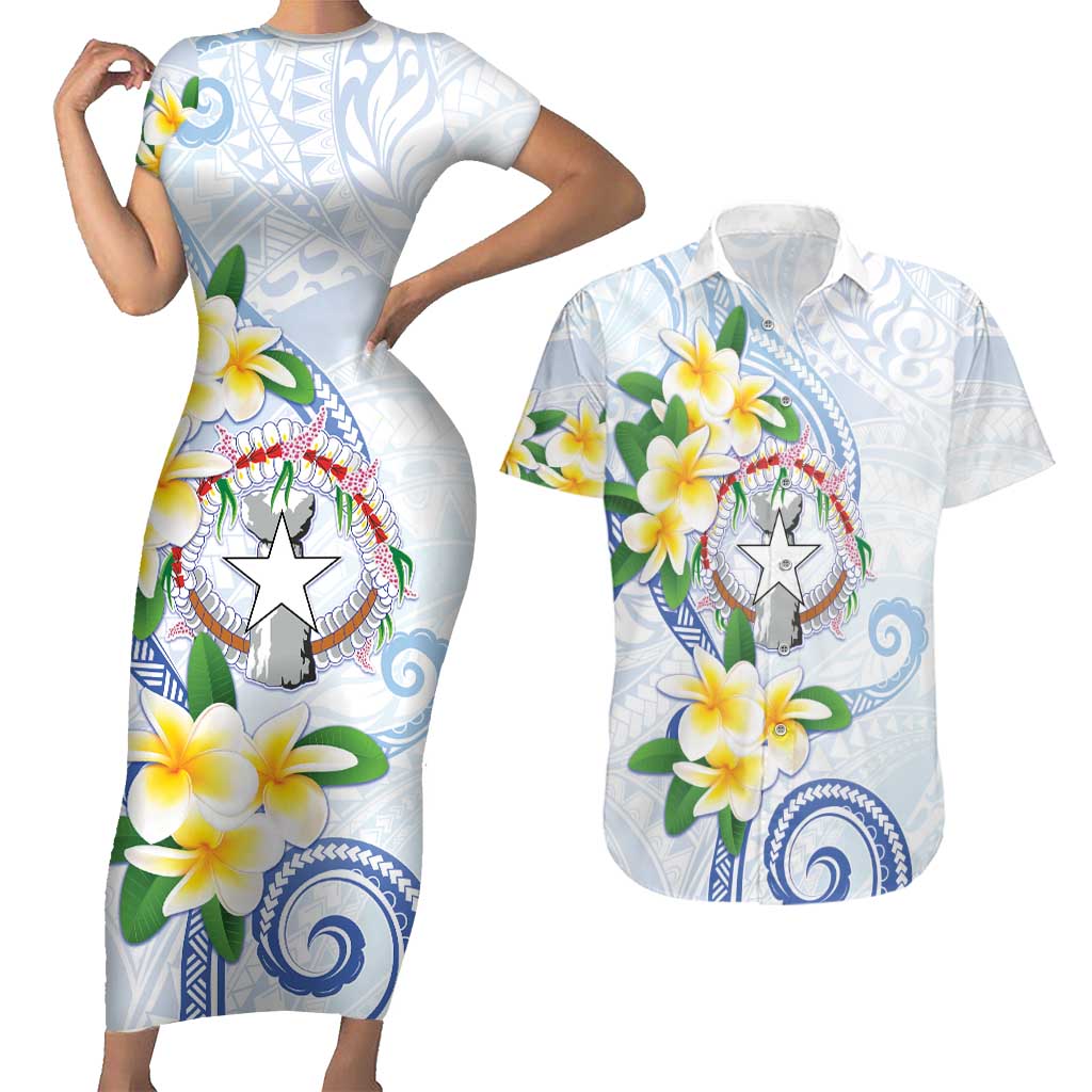 Northern Mariana Islands Chamorro Couples Matching Short Sleeve Bodycon Dress and Hawaiian Shirt Plumeria Curves Style White Version