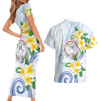 Northern Mariana Islands Chamorro Couples Matching Short Sleeve Bodycon Dress and Hawaiian Shirt Plumeria Curves Style White Version