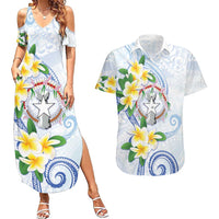 Northern Mariana Islands Chamorro Couples Matching Summer Maxi Dress and Hawaiian Shirt Plumeria Curves Style White Version