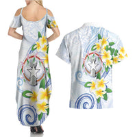 Northern Mariana Islands Chamorro Couples Matching Summer Maxi Dress and Hawaiian Shirt Plumeria Curves Style White Version