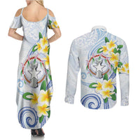 Northern Mariana Islands Chamorro Couples Matching Summer Maxi Dress and Long Sleeve Button Shirt Plumeria Curves Style White Version