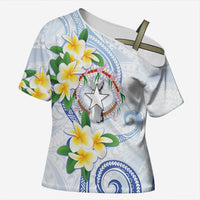 Northern Mariana Islands Chamorro Cross Shoulder Shirt Plumeria Curves Style White Version LT05 Female White - Polynesian Pride