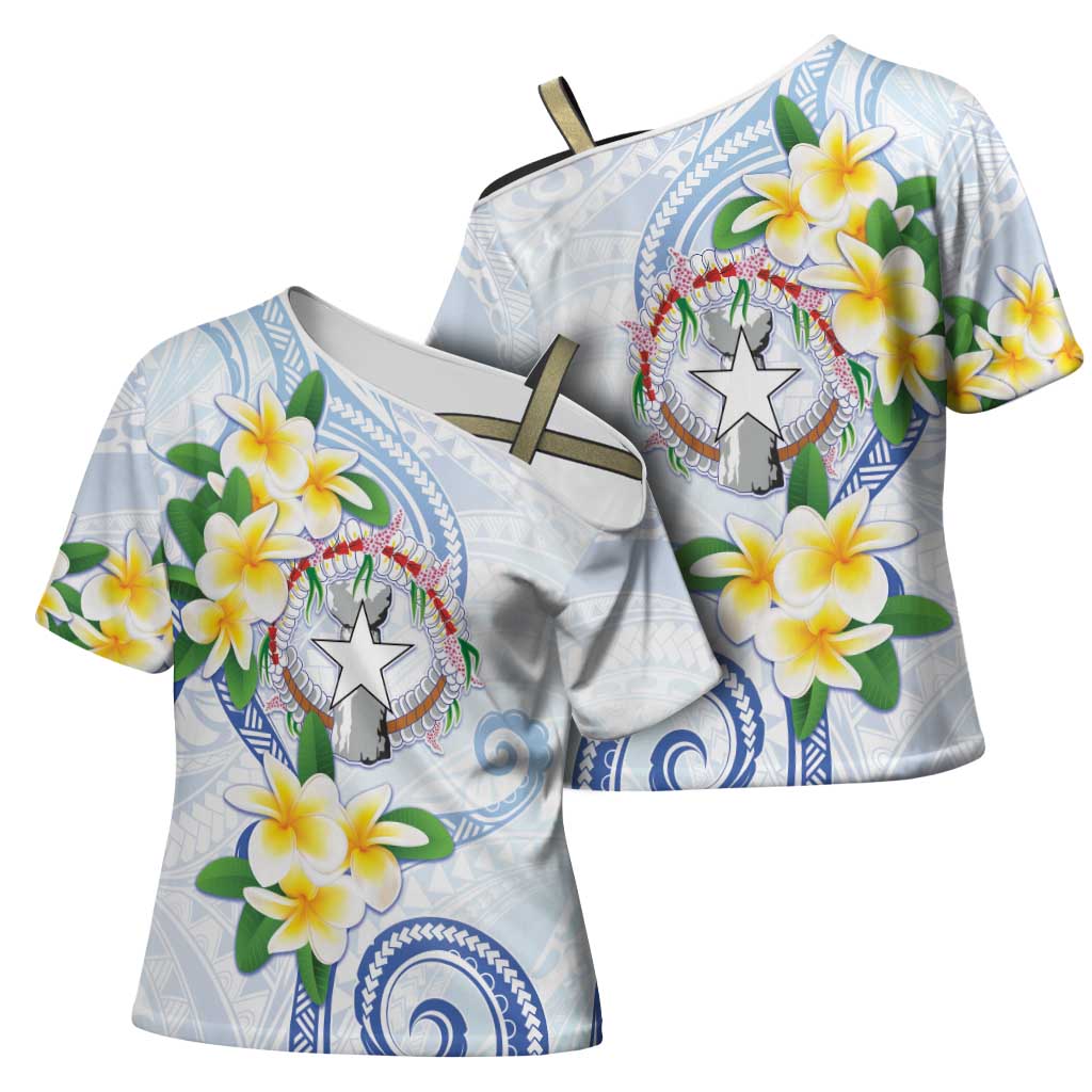 Northern Mariana Islands Chamorro Cross Shoulder Shirt Plumeria Curves Style White Version LT05 - Polynesian Pride
