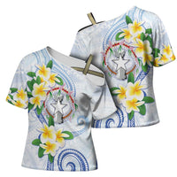 Northern Mariana Islands Chamorro Cross Shoulder Shirt Plumeria Curves Style White Version LT05 - Polynesian Pride