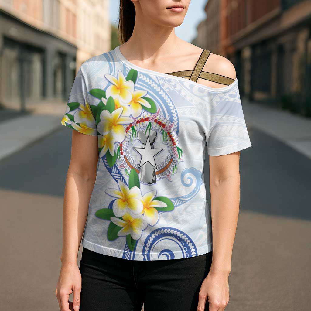 Northern Mariana Islands Chamorro Cross Shoulder Shirt Plumeria Curves Style White Version LT05 - Polynesian Pride