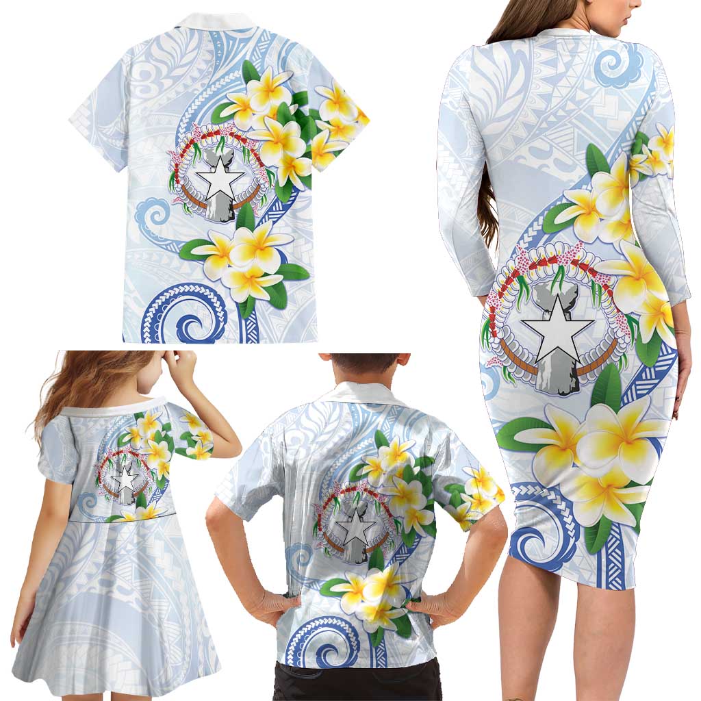 Northern Mariana Islands Chamorro Family Matching Long Sleeve Bodycon Dress and Hawaiian Shirt Plumeria Curves Style White Version