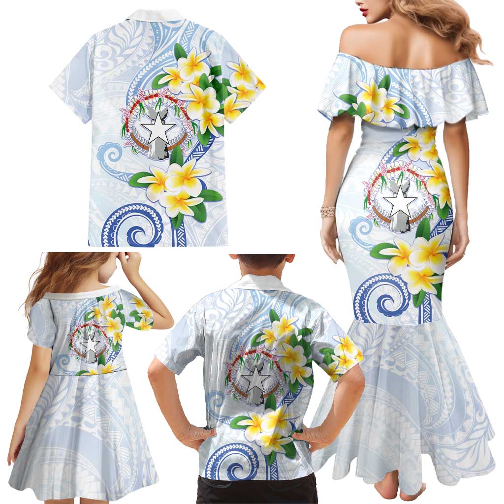 Northern Mariana Islands Chamorro Family Matching Mermaid Dress and Hawaiian Shirt Plumeria Curves Style White Version