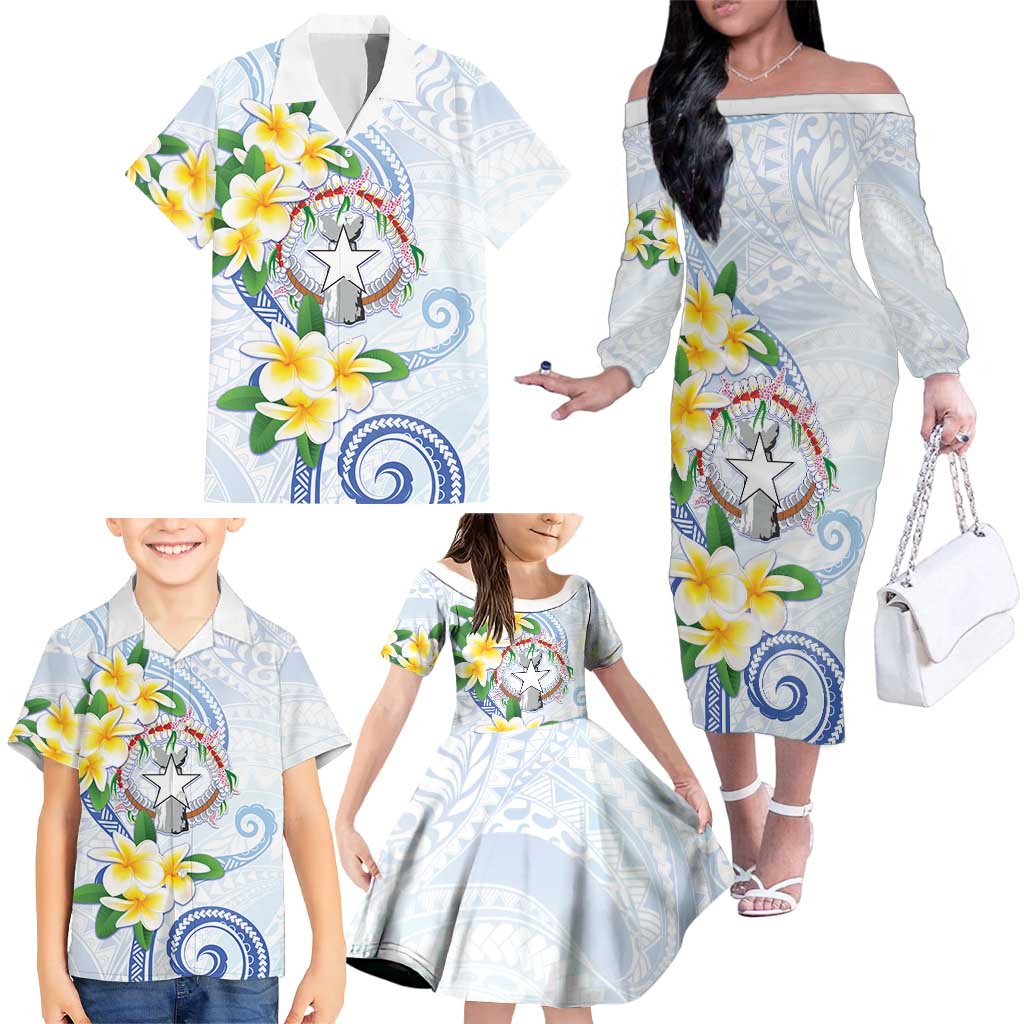 Northern Mariana Islands Chamorro Family Matching Off The Shoulder Long Sleeve Dress and Hawaiian Shirt Plumeria Curves Style White Version