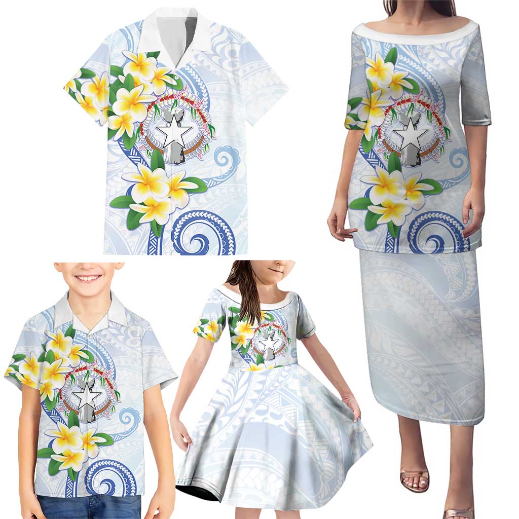 Northern Mariana Islands Chamorro Family Matching Puletasi and Hawaiian Shirt Plumeria Curves Style White Version