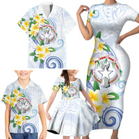 Northern Mariana Islands Chamorro Family Matching Short Sleeve Bodycon Dress and Hawaiian Shirt Plumeria Curves Style White Version