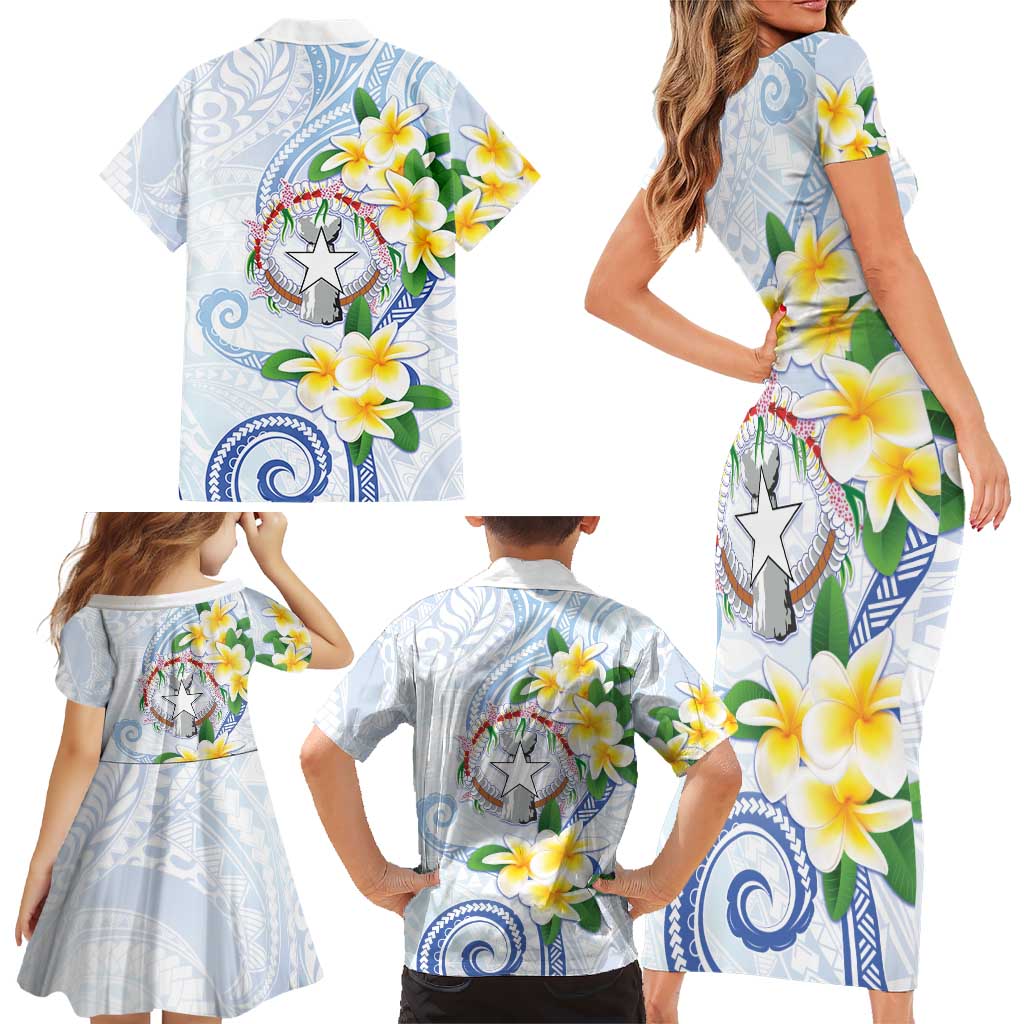 Northern Mariana Islands Chamorro Family Matching Short Sleeve Bodycon Dress and Hawaiian Shirt Plumeria Curves Style White Version