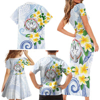 Northern Mariana Islands Chamorro Family Matching Short Sleeve Bodycon Dress and Hawaiian Shirt Plumeria Curves Style White Version