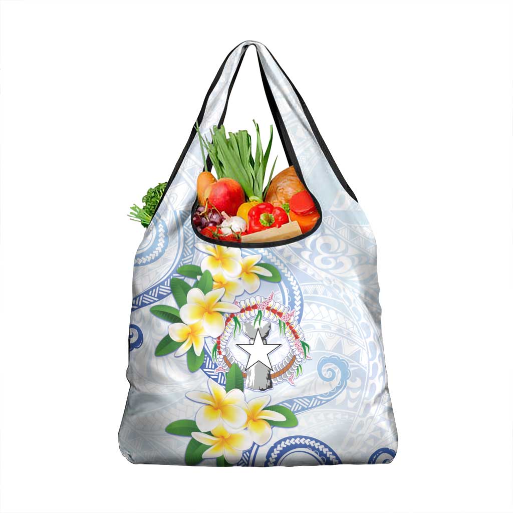 Northern Mariana Islands Chamorro Grocery Bag Plumeria Curves Style White Version