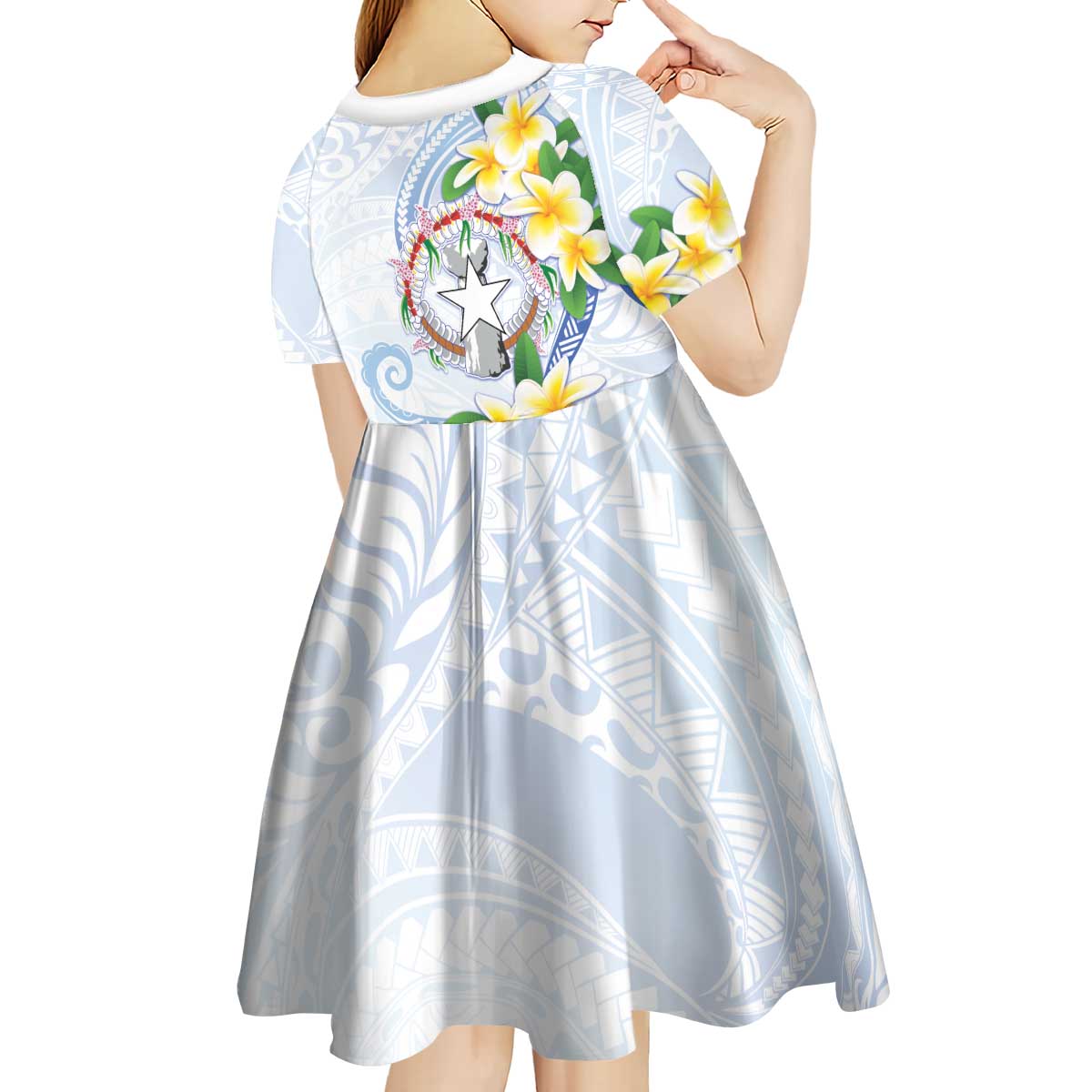 Northern Mariana Islands Chamorro Kid Short Sleeve Dress Plumeria Curves Style White Version