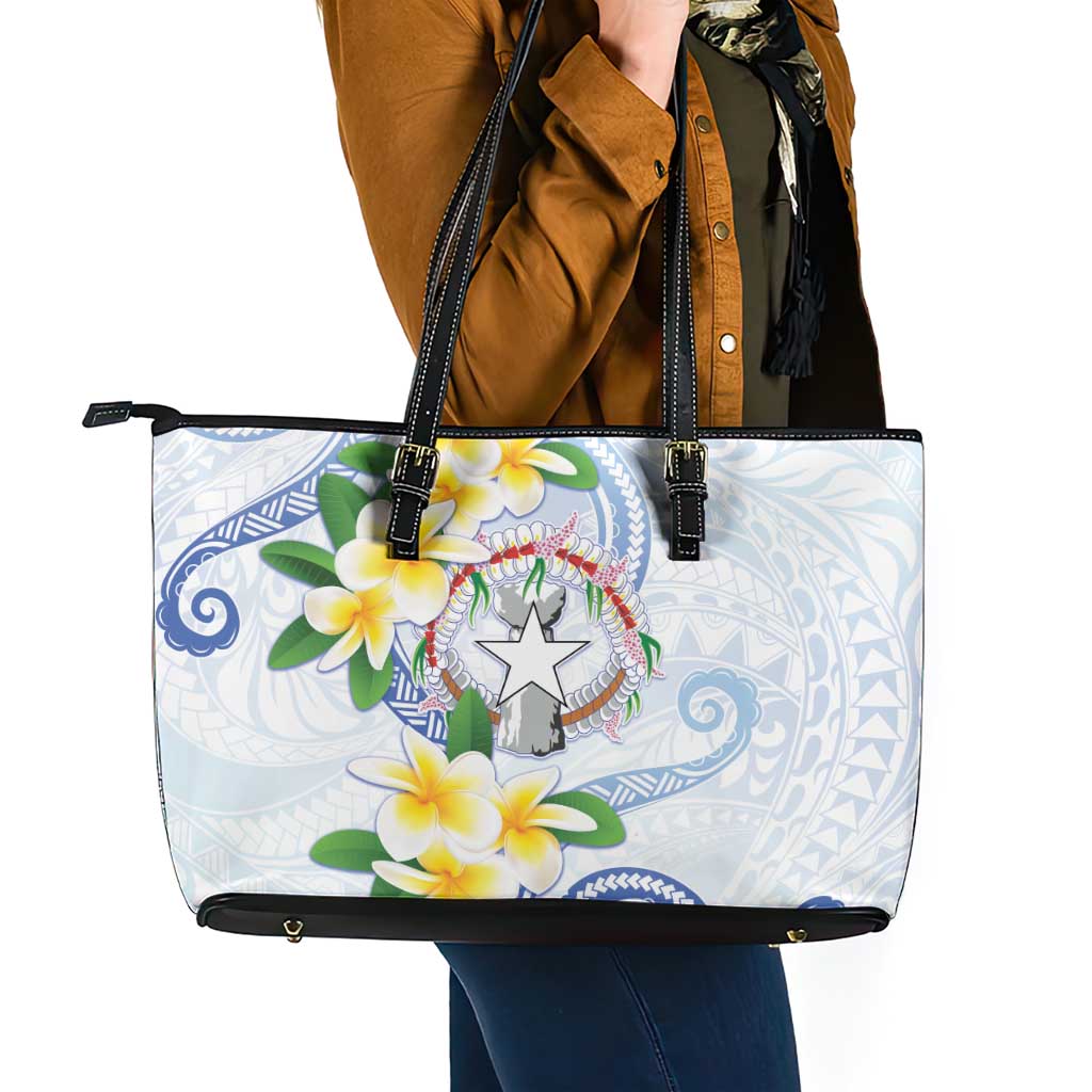 Northern Mariana Islands Chamorro Leather Tote Bag Plumeria Curves Style White Version LT05 - Polynesian Pride