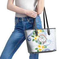 Northern Mariana Islands Chamorro Leather Tote Bag Plumeria Curves Style White Version LT05 - Polynesian Pride