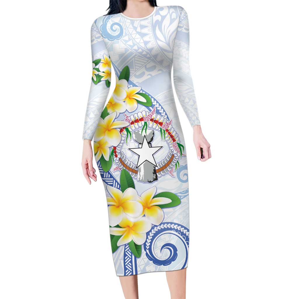 Northern Mariana Islands Chamorro Long Sleeve Bodycon Dress Plumeria Curves Style White Version LT05 Long Dress White - Polynesian Pride
