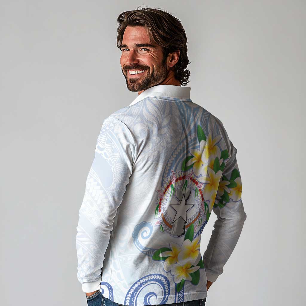 Northern Mariana Islands Chamorro Long Sleeve Polo Shirt Plumeria Curves Style White Version