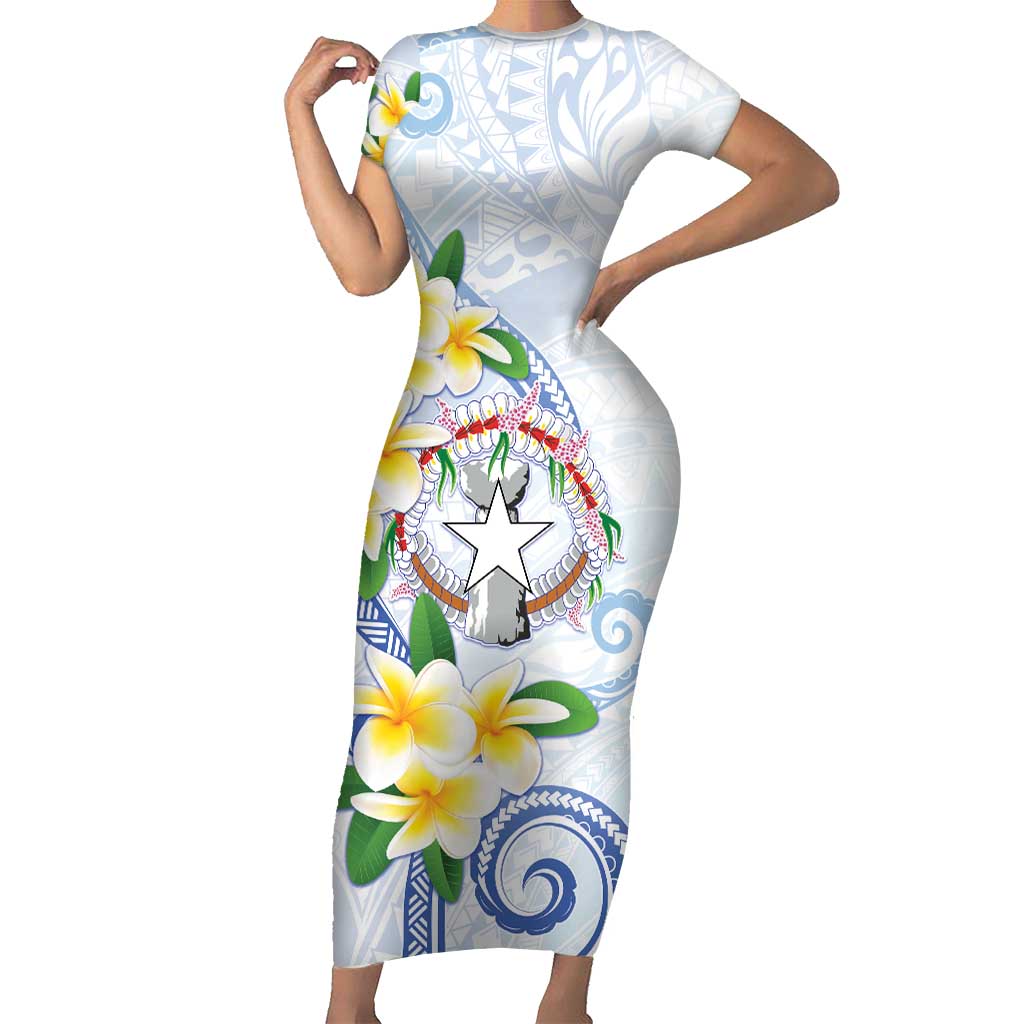 Northern Mariana Islands Chamorro Short Sleeve Bodycon Dress Plumeria Curves Style White Version LT05 Long Dress White - Polynesian Pride