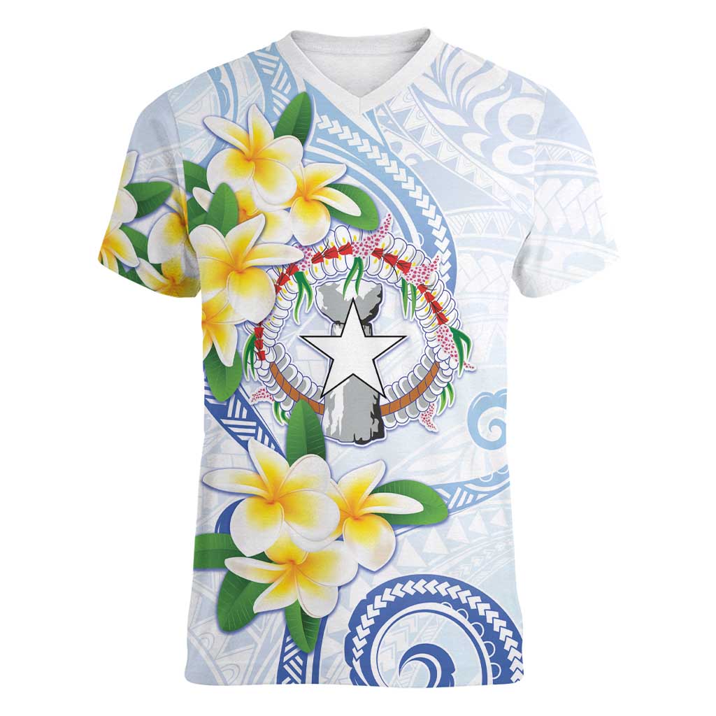 Northern Mariana Islands Chamorro Women V-Neck T-Shirt Plumeria Curves Style White Version LT05 Female White - Polynesian Pride