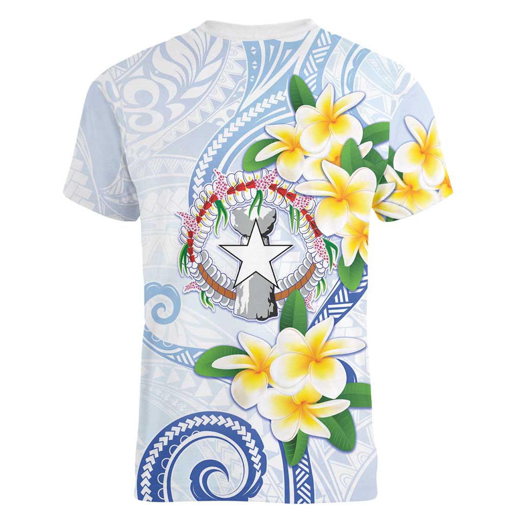 Northern Mariana Islands Chamorro Women V-Neck T-Shirt Plumeria Curves Style White Version LT05 - Polynesian Pride
