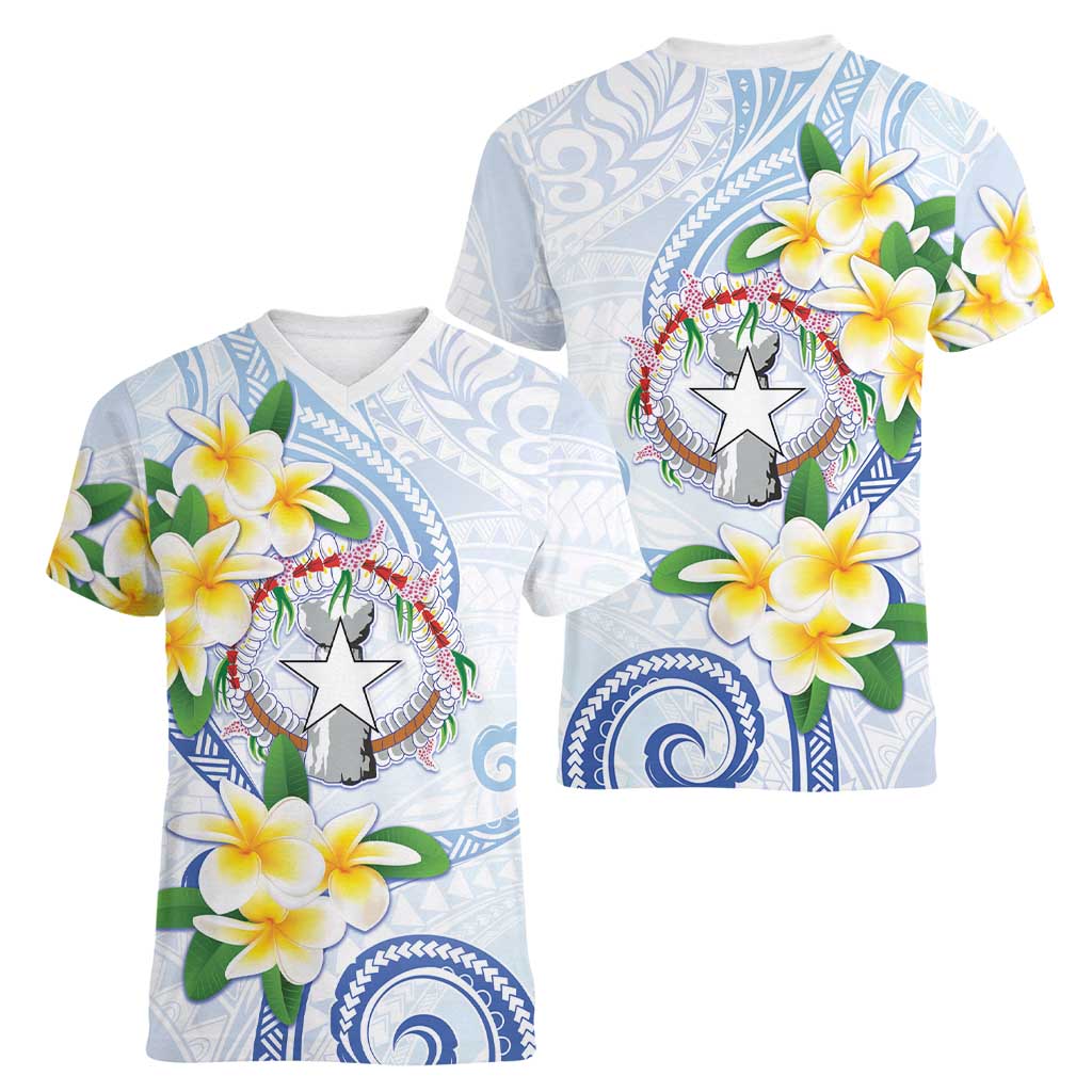 Northern Mariana Islands Chamorro Women V-Neck T-Shirt Plumeria Curves Style White Version LT05 - Polynesian Pride
