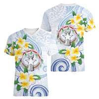 Northern Mariana Islands Chamorro Women V-Neck T-Shirt Plumeria Curves Style White Version LT05 - Polynesian Pride