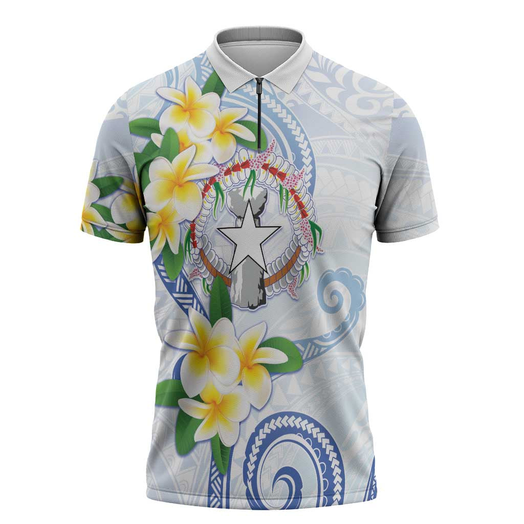 Northern Mariana Islands Chamorro Zipper Polo Shirt Plumeria Curves Style White Version