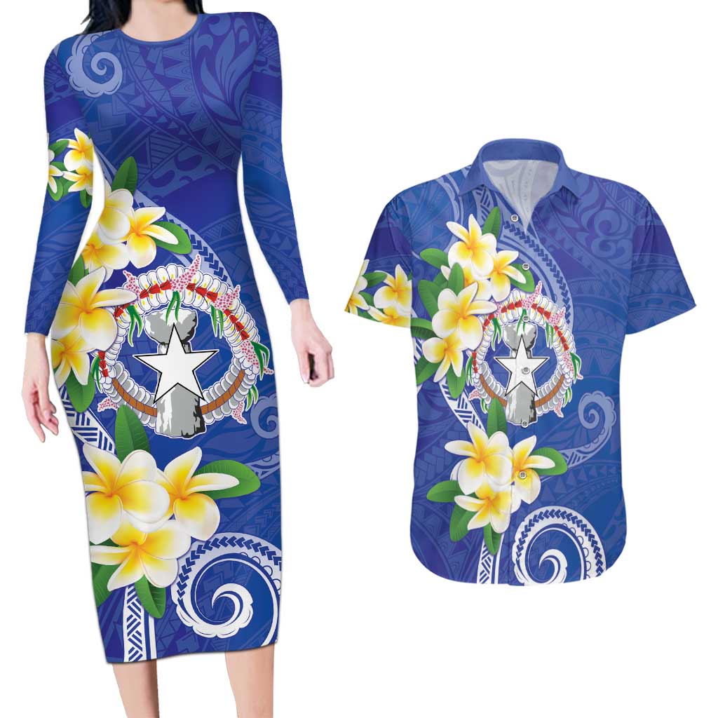 Northern Mariana Islands Chamorro Couples Matching Long Sleeve Bodycon Dress and Hawaiian Shirt Plumeria Curves Style Navy Version