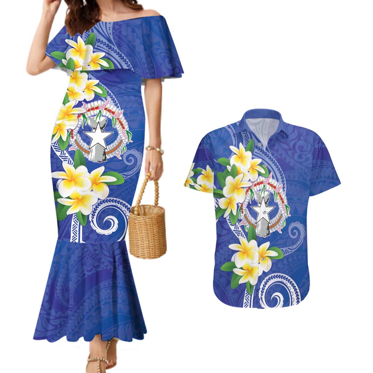Northern Mariana Islands Chamorro Couples Matching Mermaid Dress and Hawaiian Shirt Plumeria Curves Style Navy Version