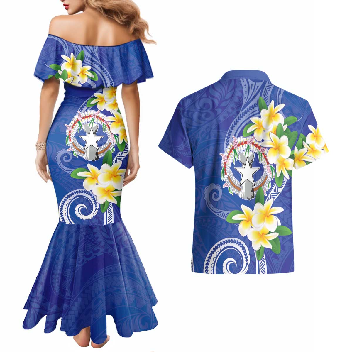 Northern Mariana Islands Chamorro Couples Matching Mermaid Dress and Hawaiian Shirt Plumeria Curves Style Navy Version