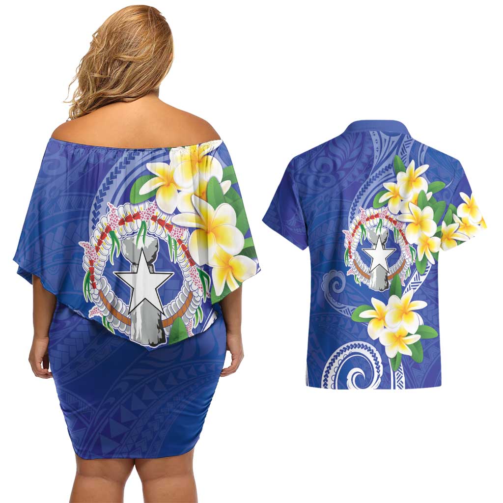 Northern Mariana Islands Chamorro Couples Matching Off Shoulder Short Dress and Hawaiian Shirt Plumeria Curves Style Navy Version