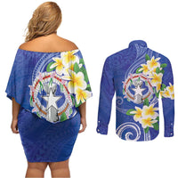 Northern Mariana Islands Chamorro Couples Matching Off Shoulder Short Dress and Long Sleeve Button Shirt Plumeria Curves Style Navy Version