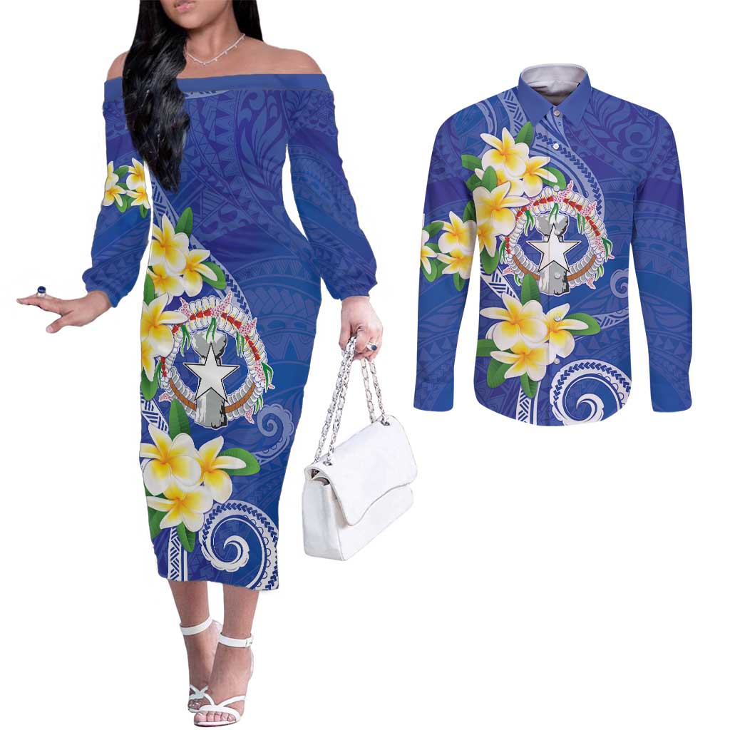 Northern Mariana Islands Chamorro Couples Matching Off The Shoulder Long Sleeve Dress and Long Sleeve Button Shirt Plumeria Curves Style Navy Version