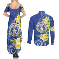 Northern Mariana Islands Chamorro Couples Matching Summer Maxi Dress and Long Sleeve Button Shirt Plumeria Curves Style Navy Version