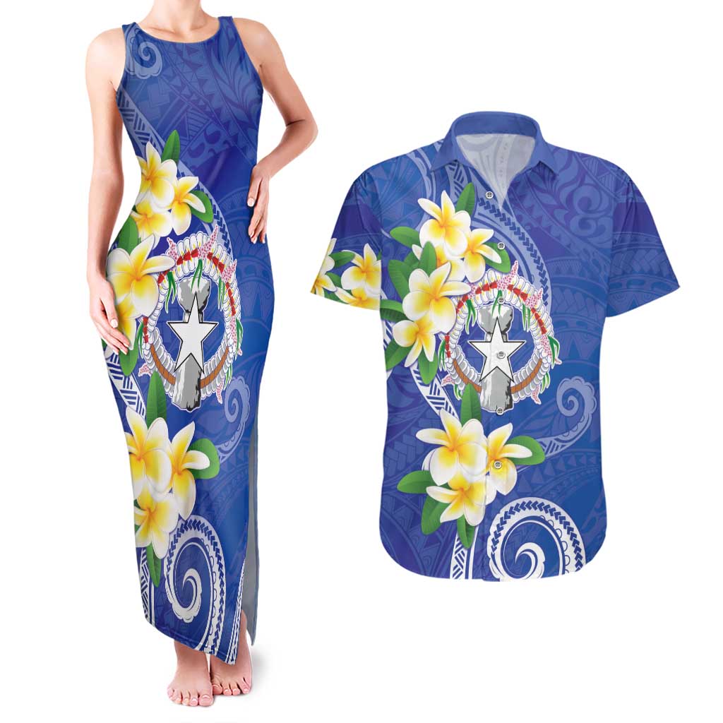 Northern Mariana Islands Chamorro Couples Matching Tank Maxi Dress and Hawaiian Shirt Plumeria Curves Style Navy Version