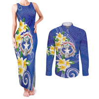Northern Mariana Islands Chamorro Couples Matching Tank Maxi Dress and Long Sleeve Button Shirt Plumeria Curves Style Navy Version