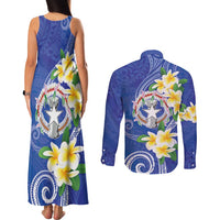 Northern Mariana Islands Chamorro Couples Matching Tank Maxi Dress and Long Sleeve Button Shirt Plumeria Curves Style Navy Version