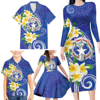 Northern Mariana Islands Chamorro Family Matching Long Sleeve Bodycon Dress and Hawaiian Shirt Plumeria Curves Style Navy Version