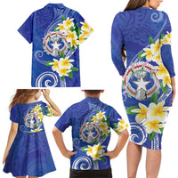 Northern Mariana Islands Chamorro Family Matching Long Sleeve Bodycon Dress and Hawaiian Shirt Plumeria Curves Style Navy Version