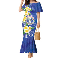 Northern Mariana Islands Chamorro Family Matching Mermaid Dress and Hawaiian Shirt Plumeria Curves Style Navy Version