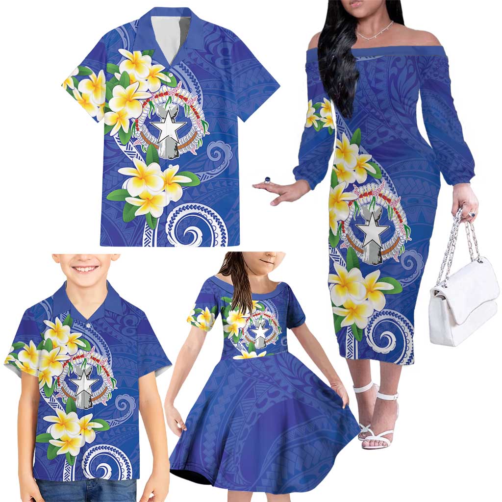 Northern Mariana Islands Chamorro Family Matching Off The Shoulder Long Sleeve Dress and Hawaiian Shirt Plumeria Curves Style Navy Version